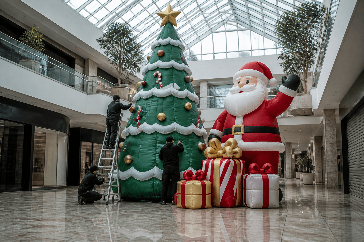 Large custom Christmas inflatable tree, Santa Claus and gift boxes displayed together in a shopping mall atrium