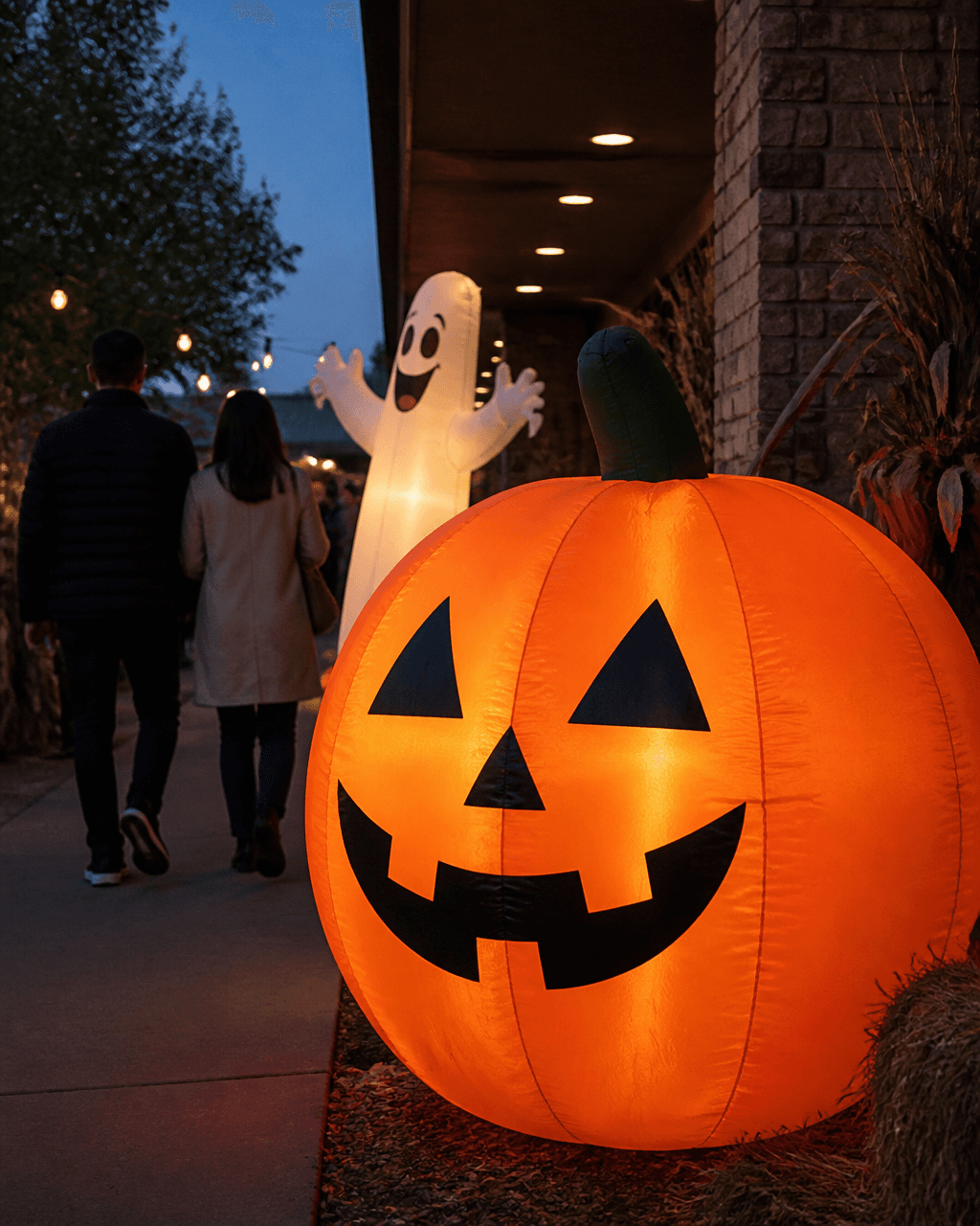 Internally lit inflatable jack-o'-lantern and ghost decorations at an evening Halloween event