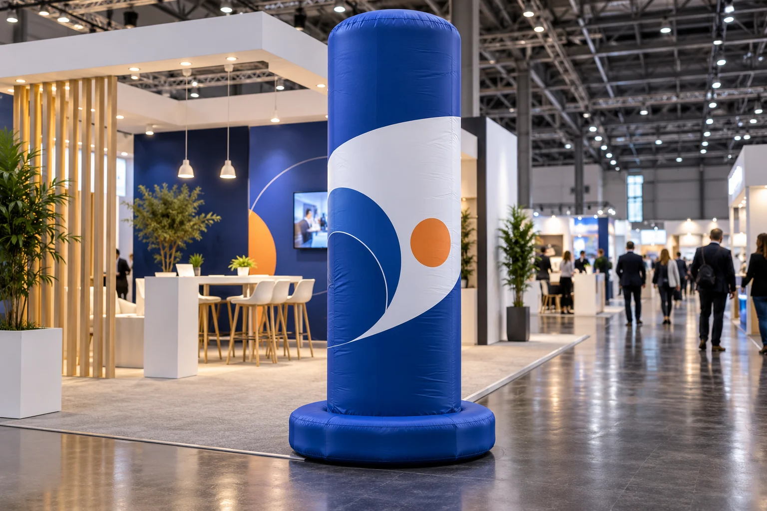 AI-generated blue and white inflatable advertising column beside an exhibition stand