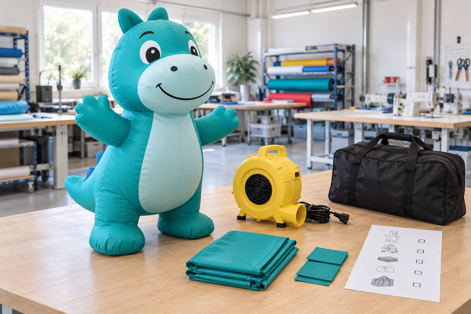Teal static inflatable character with separately laid-out blower, material samples and carry bag