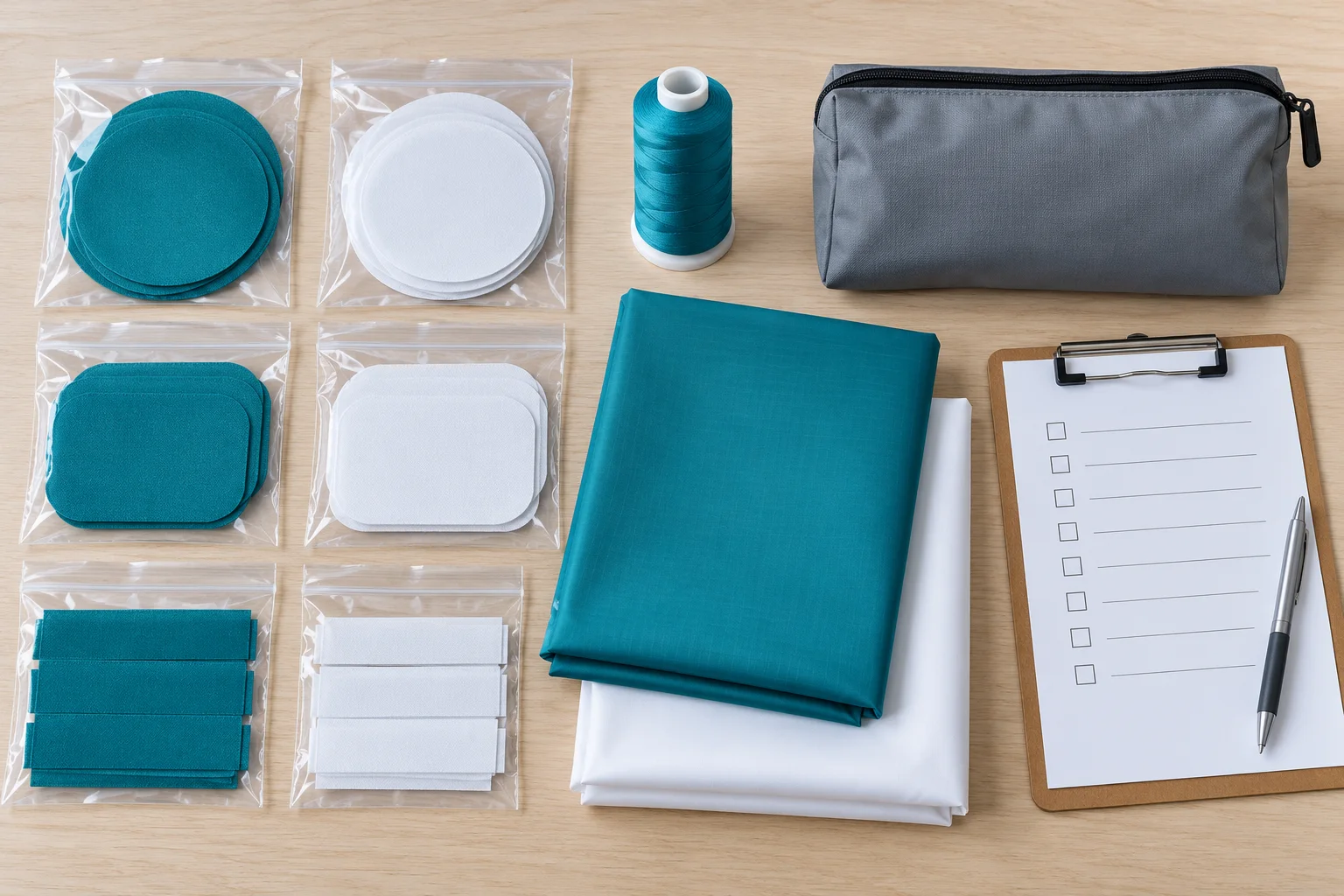 Organised fabric samples, thread and accessory pouch for a spare-material discussion