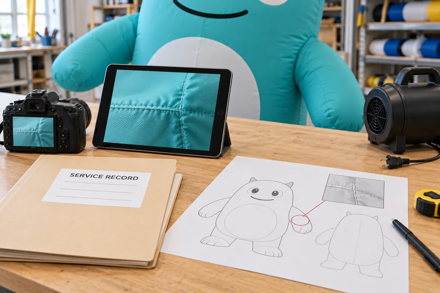 Camera, seam photograph and service-record folder beside a generic inflatable display