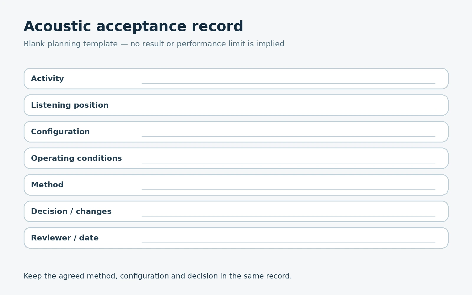 Blank acoustic acceptance record with activity, position, configuration, conditions and decision fields.