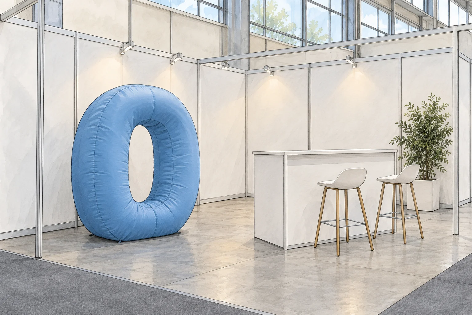 Indoor inflatable letter display beside a separate conversation counter.