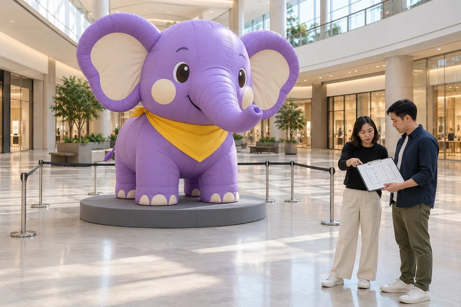 Two planners reviewing a purple elephant inflatable in a retail setting