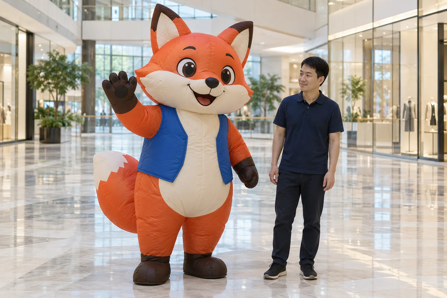 Orange fox inflatable costume concept beside an adult event handler