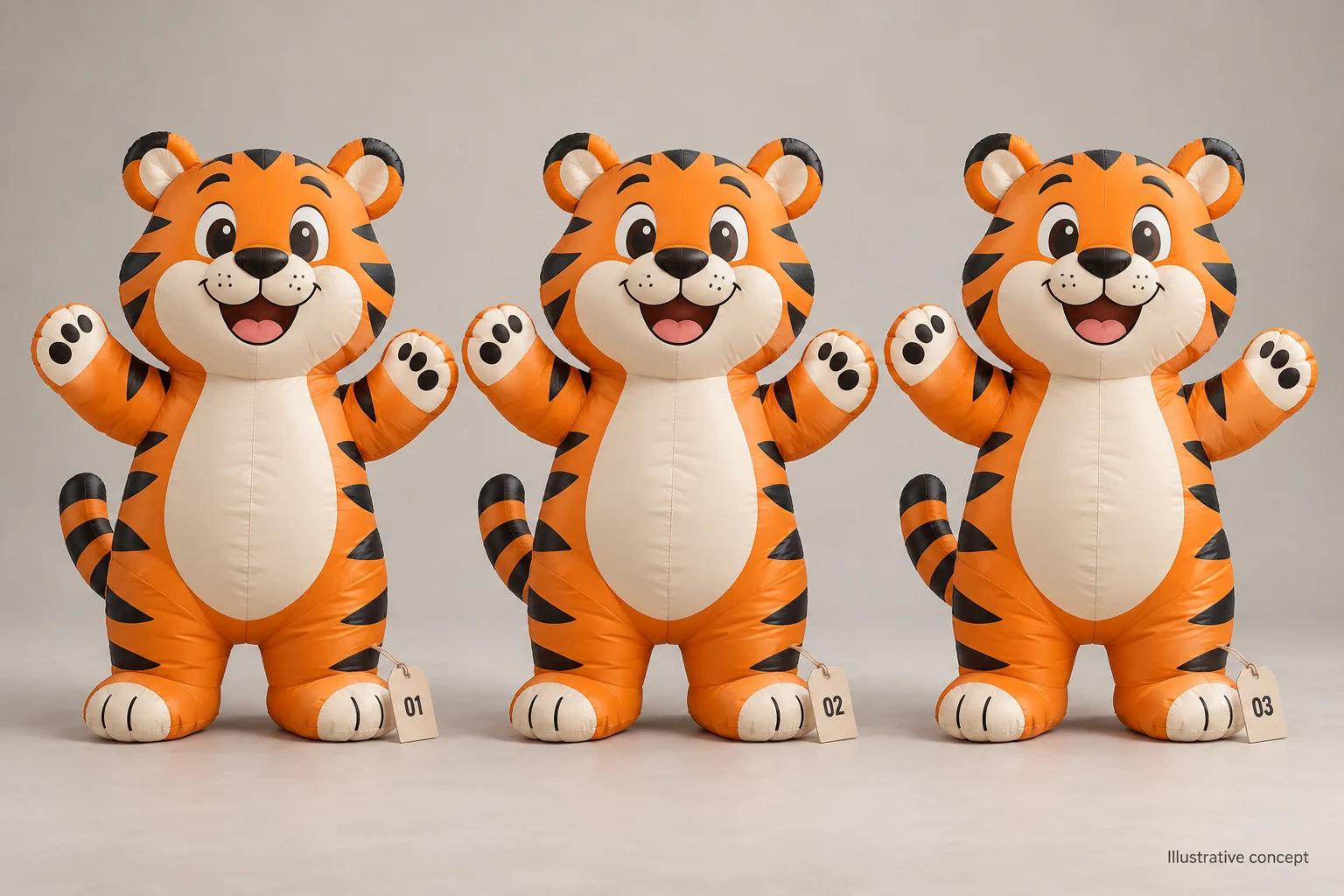 Three conceptual tiger inflatables with neutral identification tags for batch comparison