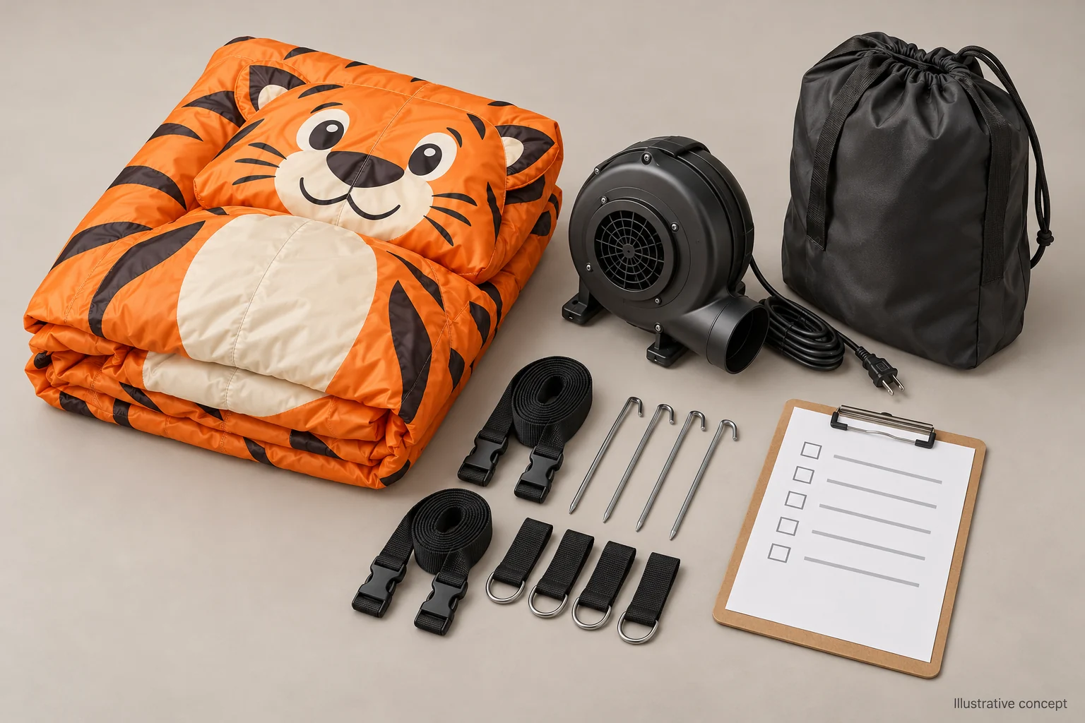 Illustrative folded inflatable, generic blower, labeled accessories and packing checklist