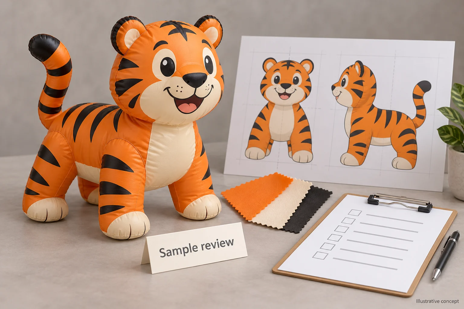 Illustrative inflatable sample with artwork, color references and an approval checklist
