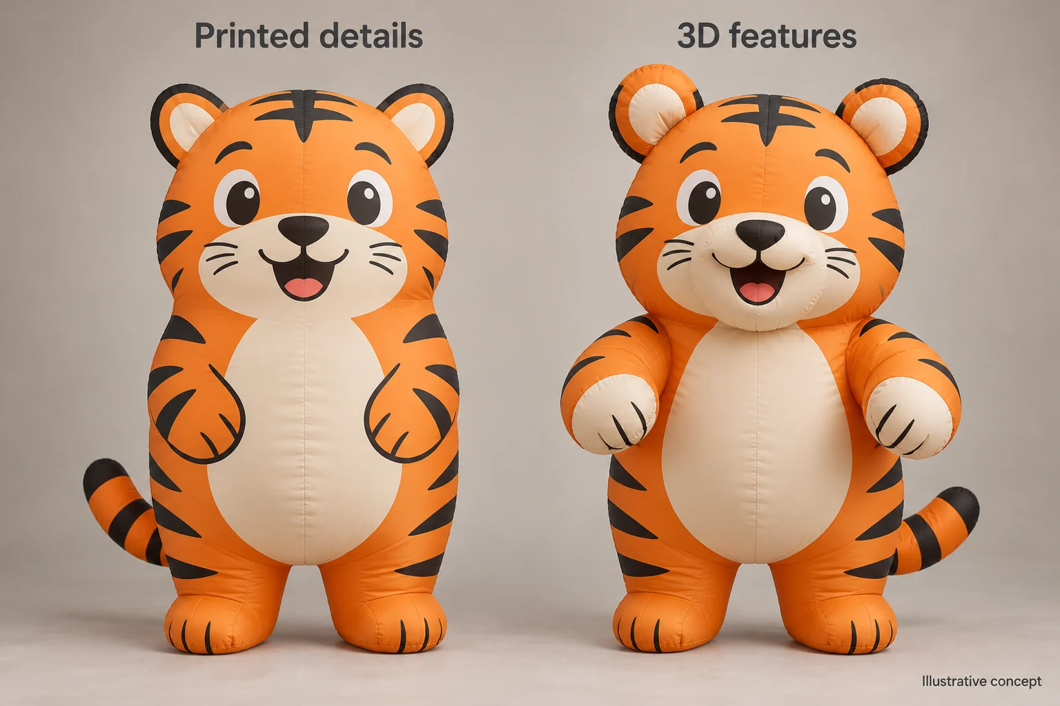Concept comparison of printed facial details and raised features on orange tiger inflatable mascots
