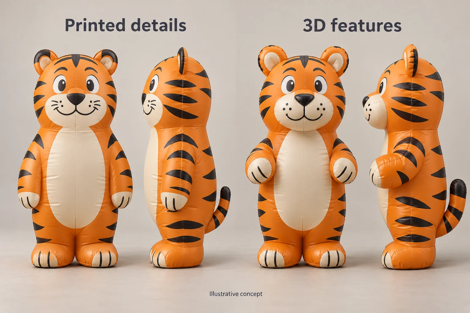 Illustrative front and side tiger mascot views separating printed stripes from raised ears and muzzle