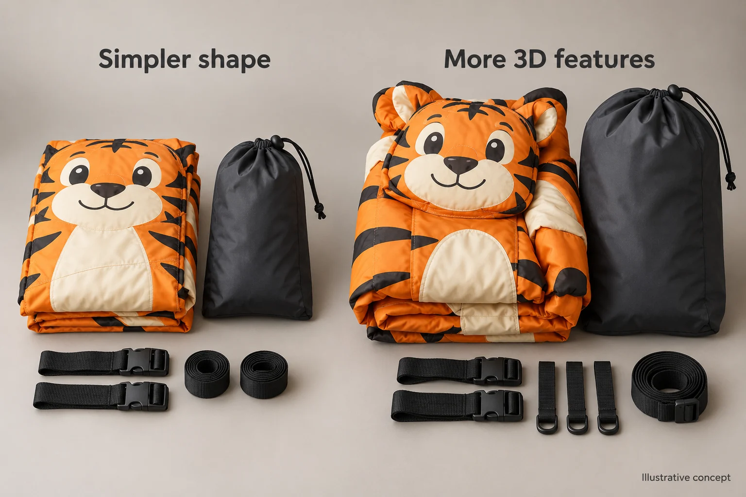 Concept layout of folded inflatable mascot fabric and accessories for comparing packing approaches