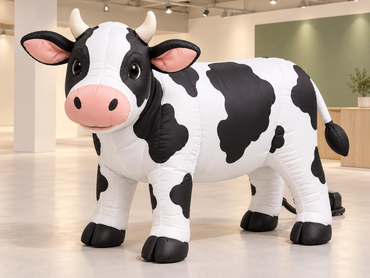 Matching four-legged Holstein cow inflatable concept in an unbranded exhibition setting; AI-generated design reference