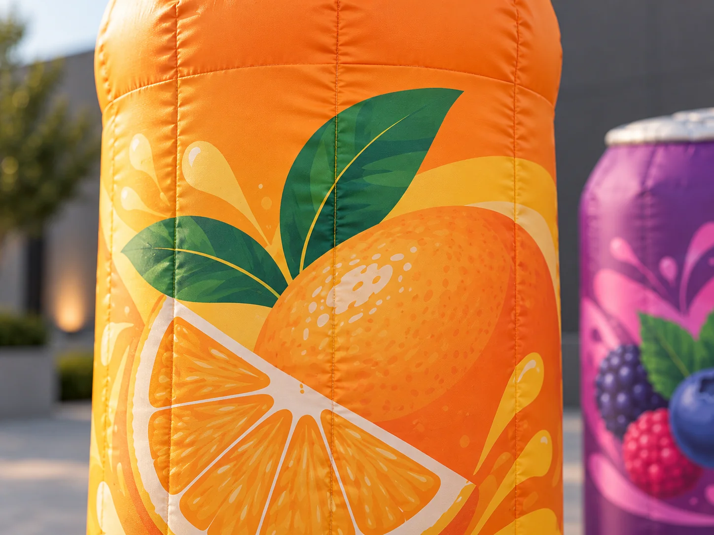 Orange citrus bottle artwork and visible fabric panel seams with purple can behind - AI-generated design reference