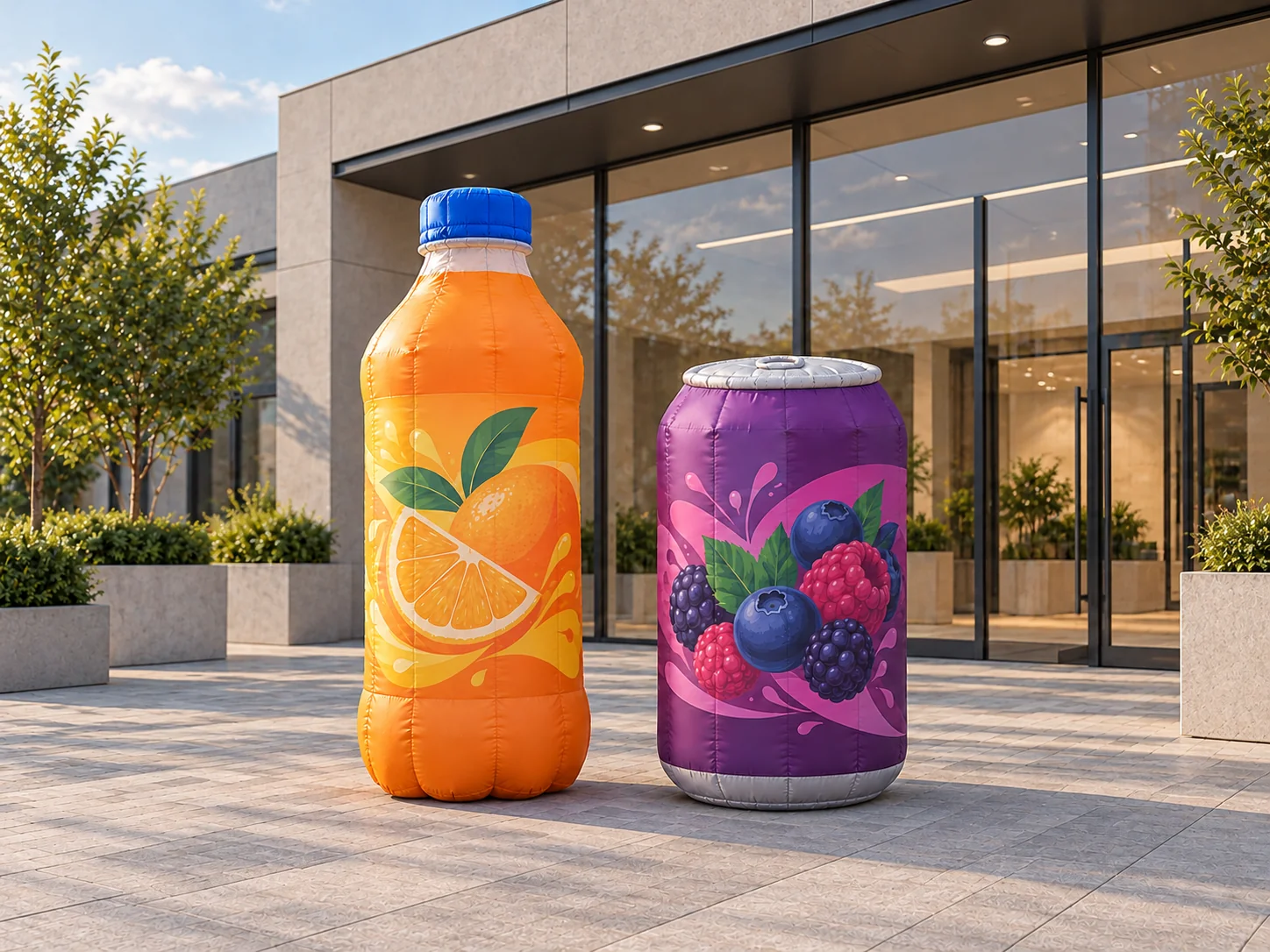 Orange bottle and purple beverage can concept outside a retail entrance - AI-generated design reference