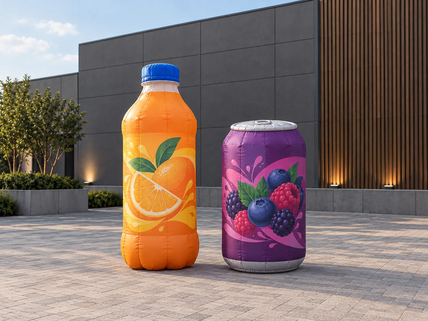 Orange bottle and purple beverage can inflatable product replicas with printed fruit graphics - AI-generated design reference