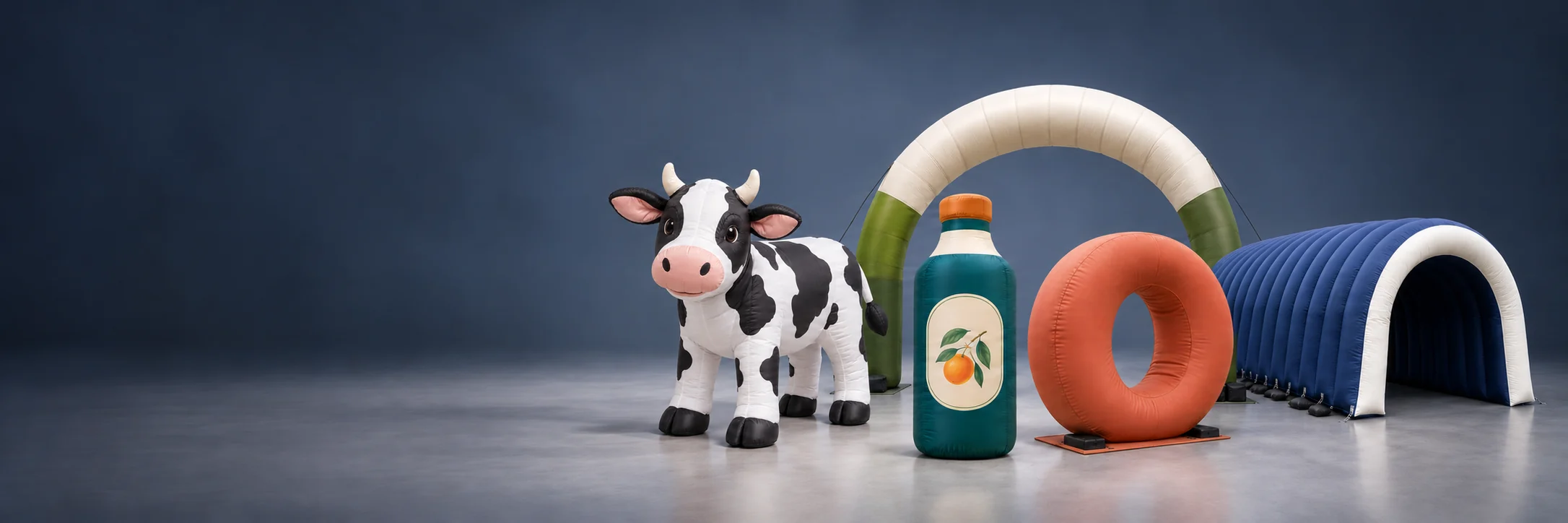 Cow, citrus bottle, round arch, letter O and ribbed tunnel inflatable concepts grouped on the right; AI-generated planning concept