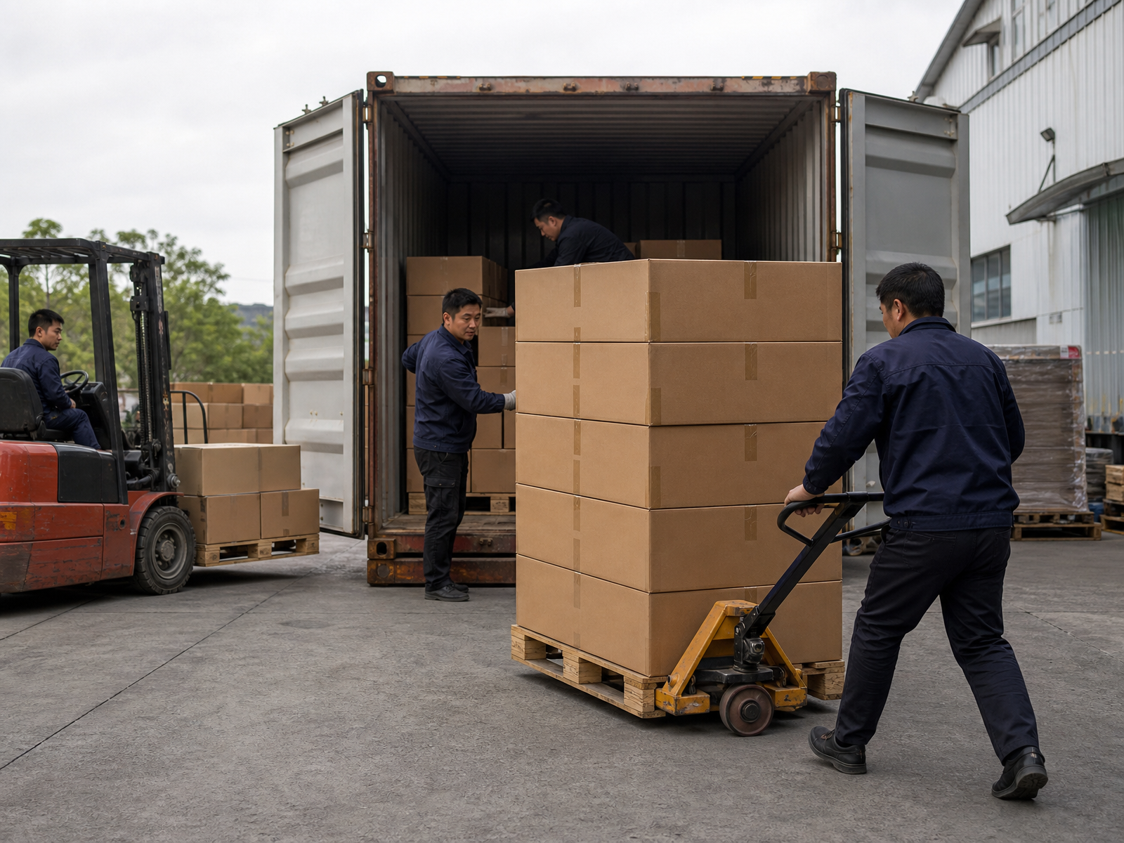 Export cartons of packed inflatables being loaded into a container at a warehouse dock