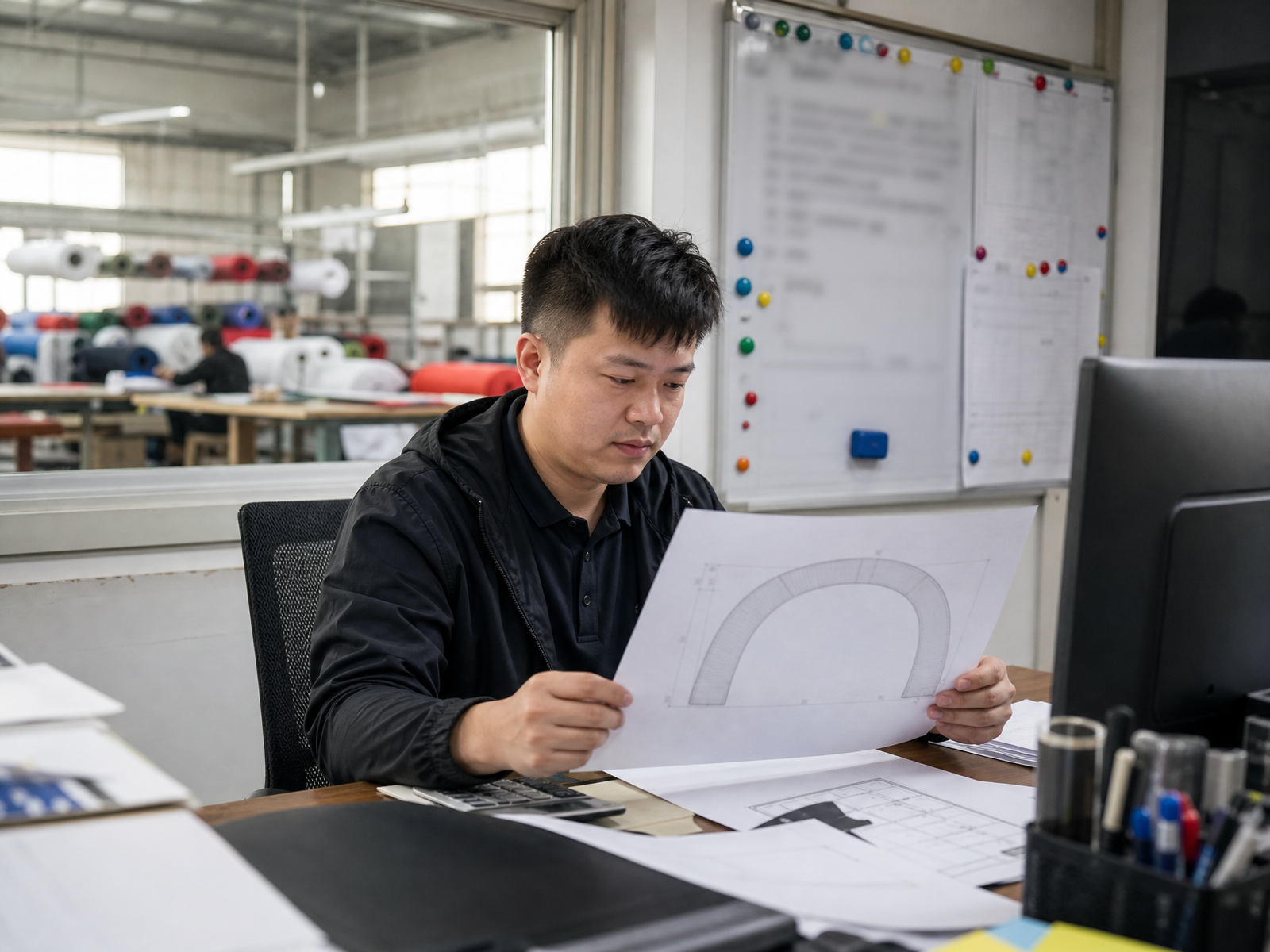 Production planner reviewing an approved inflatable drawing and schedule board in a factory office