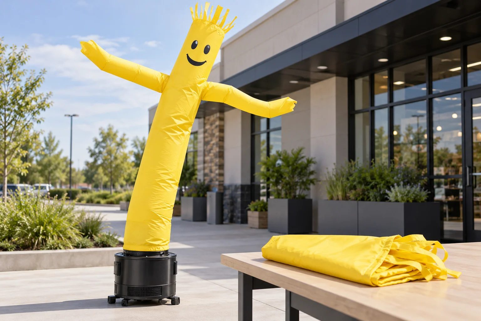 Yellow air dancer attached to a black blower, with a folded replacement fabric sleeve on a nearby table.