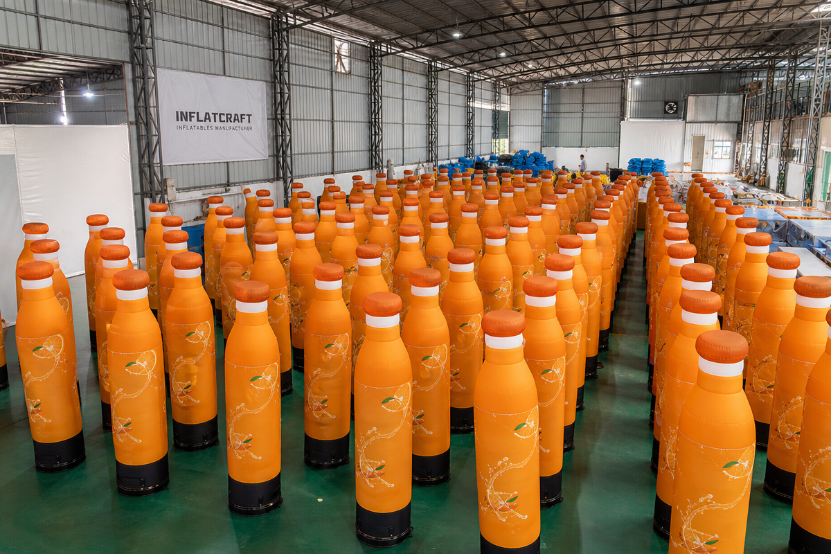 Finished custom inflatables prepared in a production warehouse