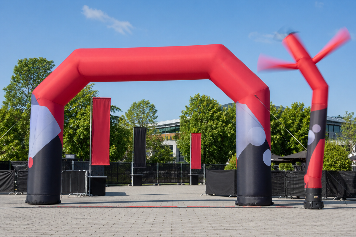 Inflatable arch and air dancer formats in a promotional setting
