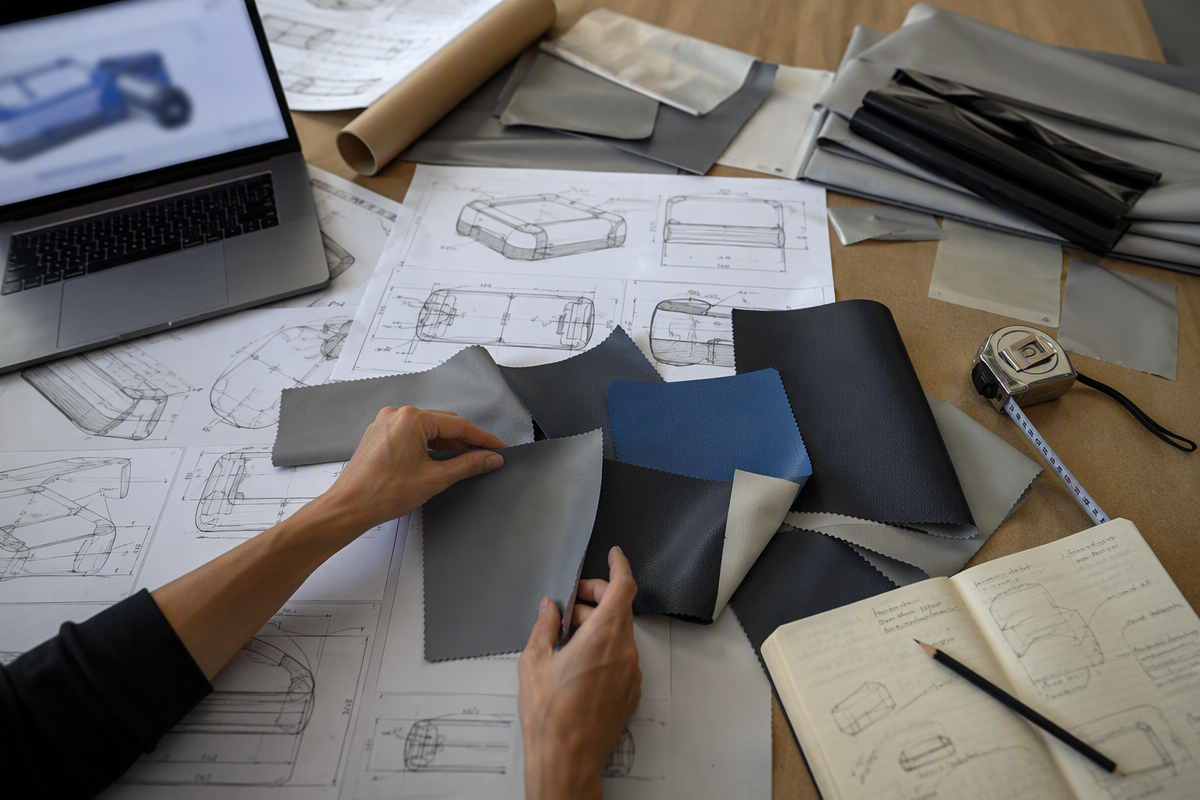 Buyer checklist preparation scene with material swatches and notes