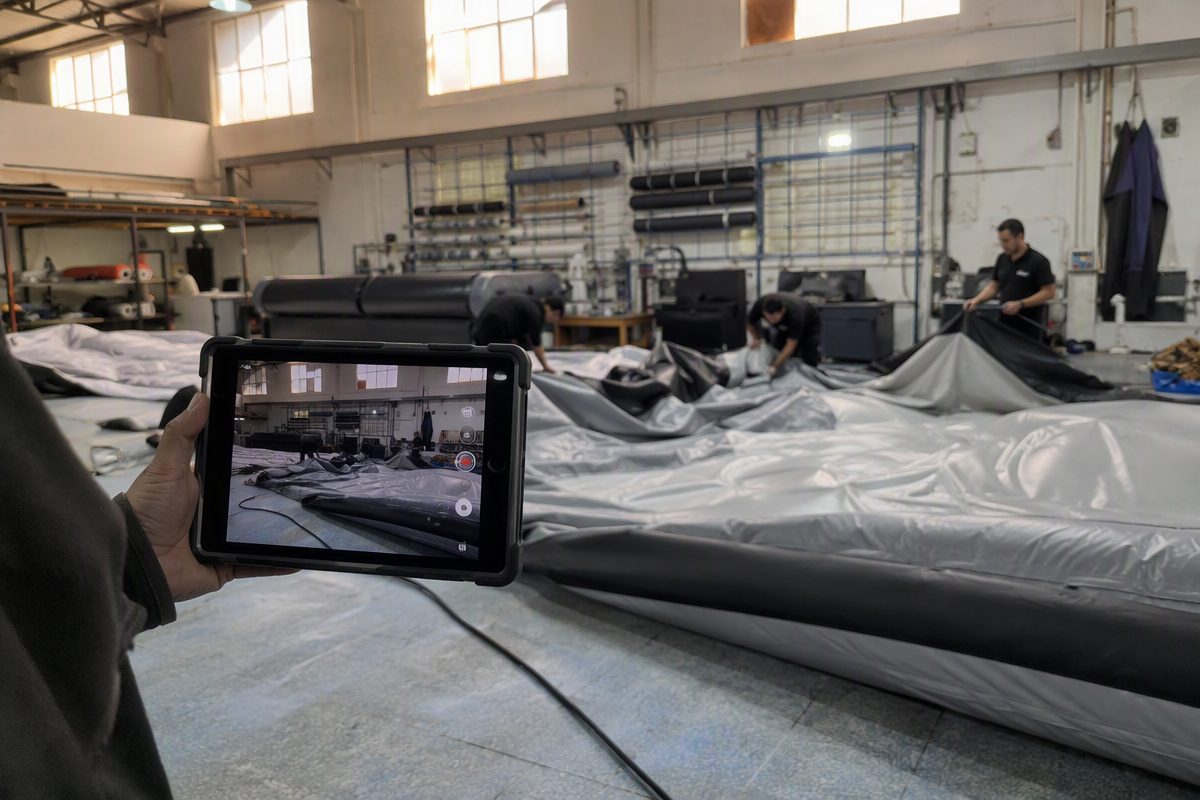Factory-direct verification scene with a buyer checking the production floor on a tablet