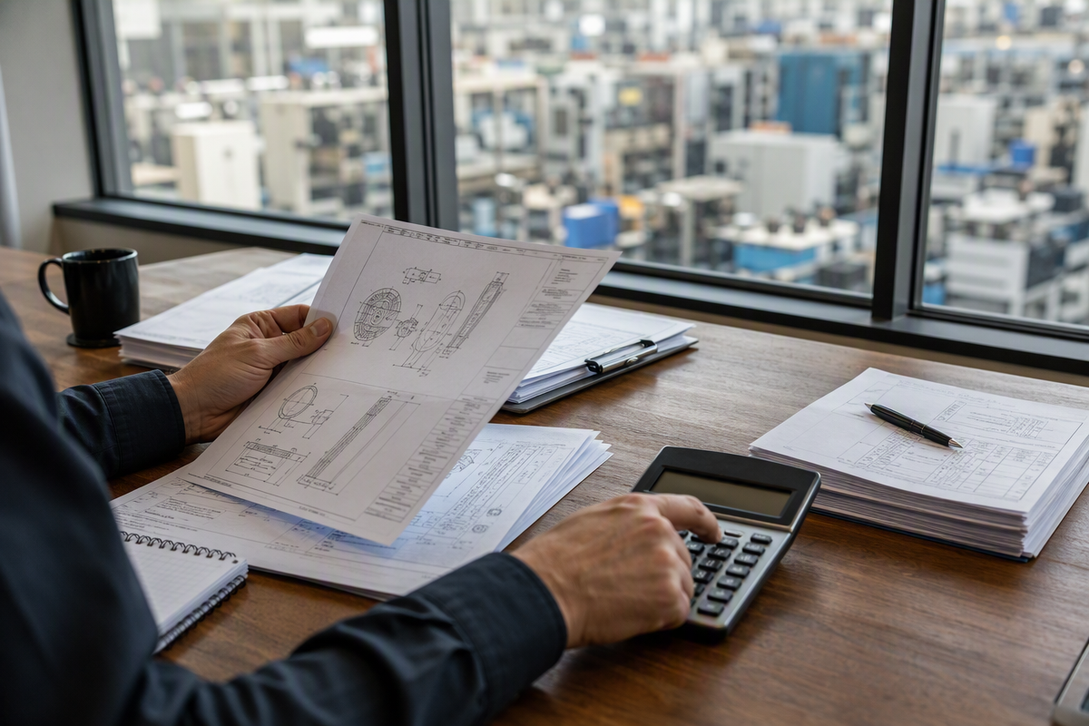 Payment terms review scene on a desk with specifications and calculator