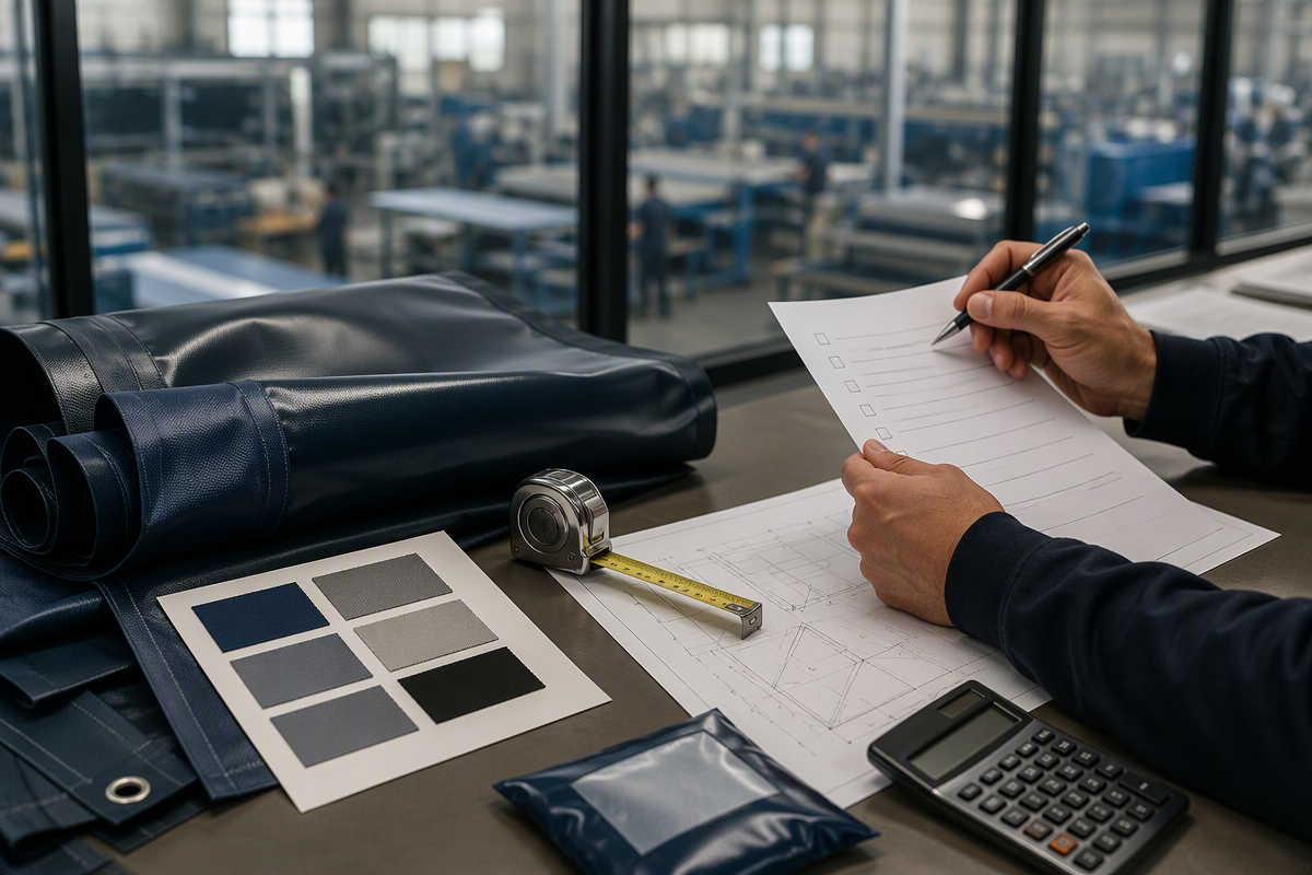 Buyer reviewing a quotation checklist with material swatches and a calculator in a procurement office