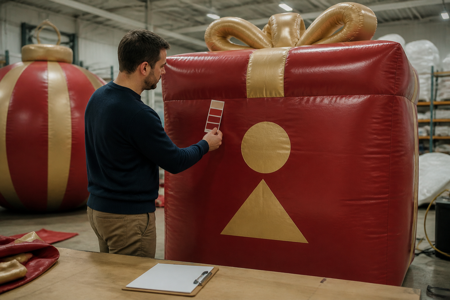 Brand team member comparing a printed colour swatch with a large inflatable Christmas gift box carrying an abstract brand mark
