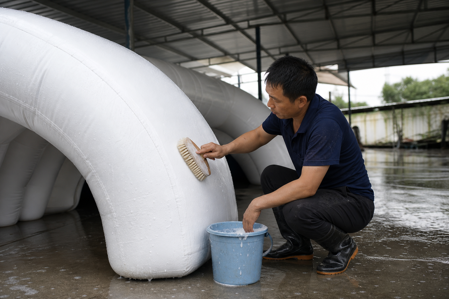 Worker cleaning an inflated white panel with a soft brush and bucket of soapy water in a sheltered yard