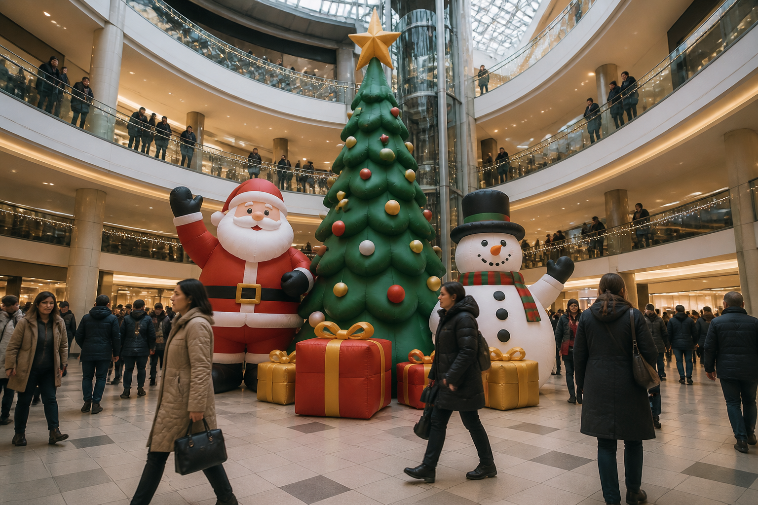 Large inflatable Christmas tree, Santa Claus, snowman and gift boxes displayed in a shopping mall atrium with shoppers
