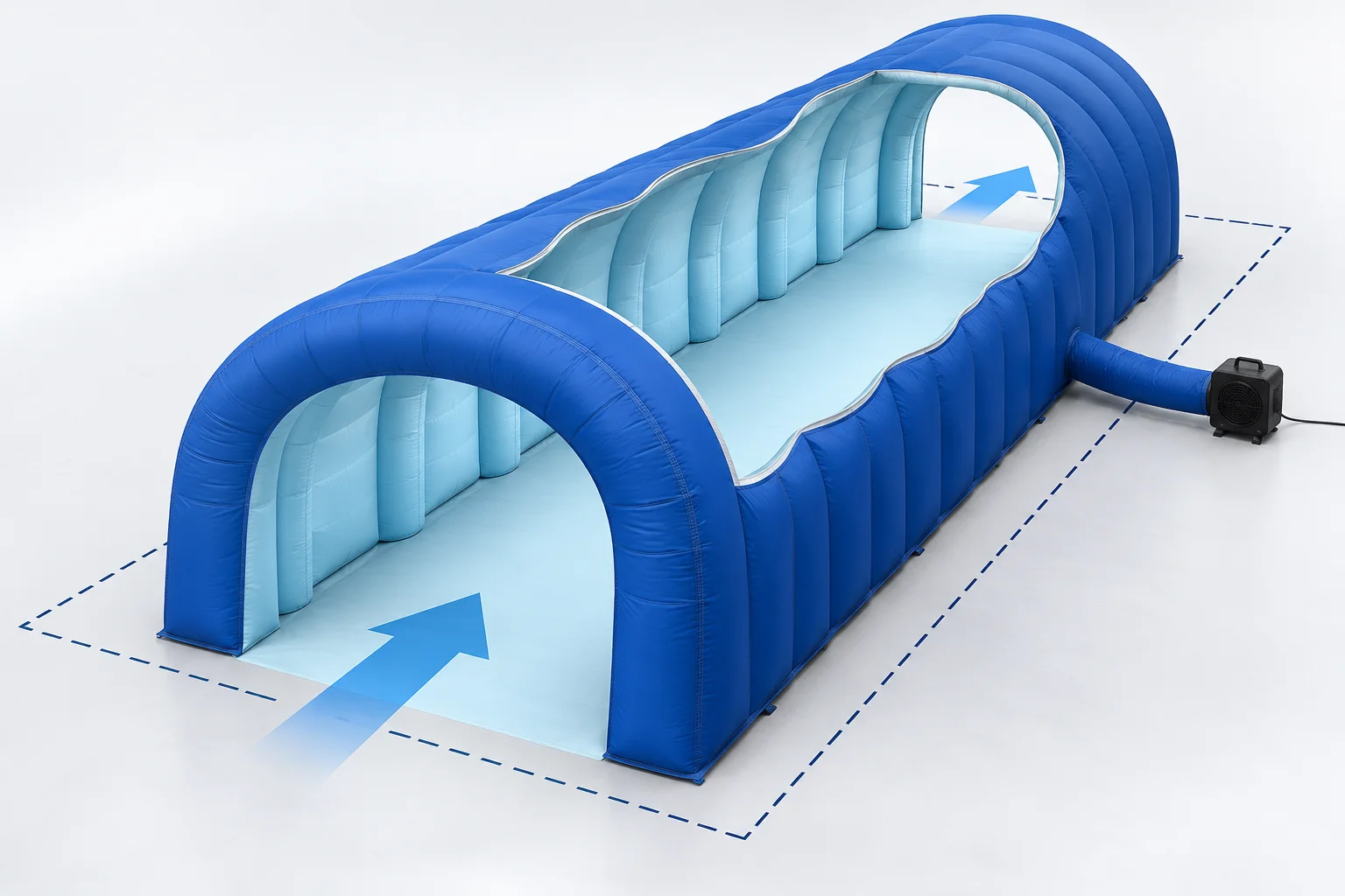 Cutaway concept of an inflatable entrance tunnel showing its internal route, overall footprint and external blower.
