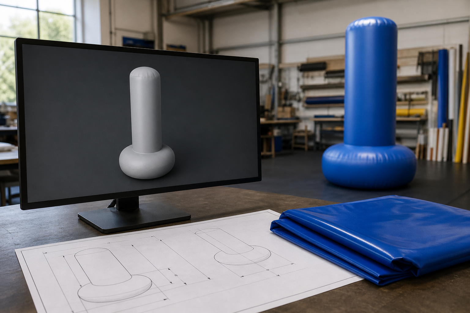 Monitor showing a grey 3D model beside a dimensioned technical drawing, folded blue PVC fabric and the finished blue inflatable standing in a workshop bay