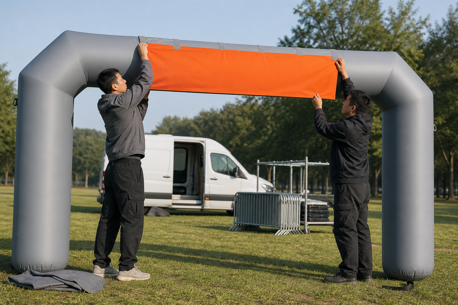 Neutral grey inflatable arch with a separate printed banner panel being attached across the crossbar