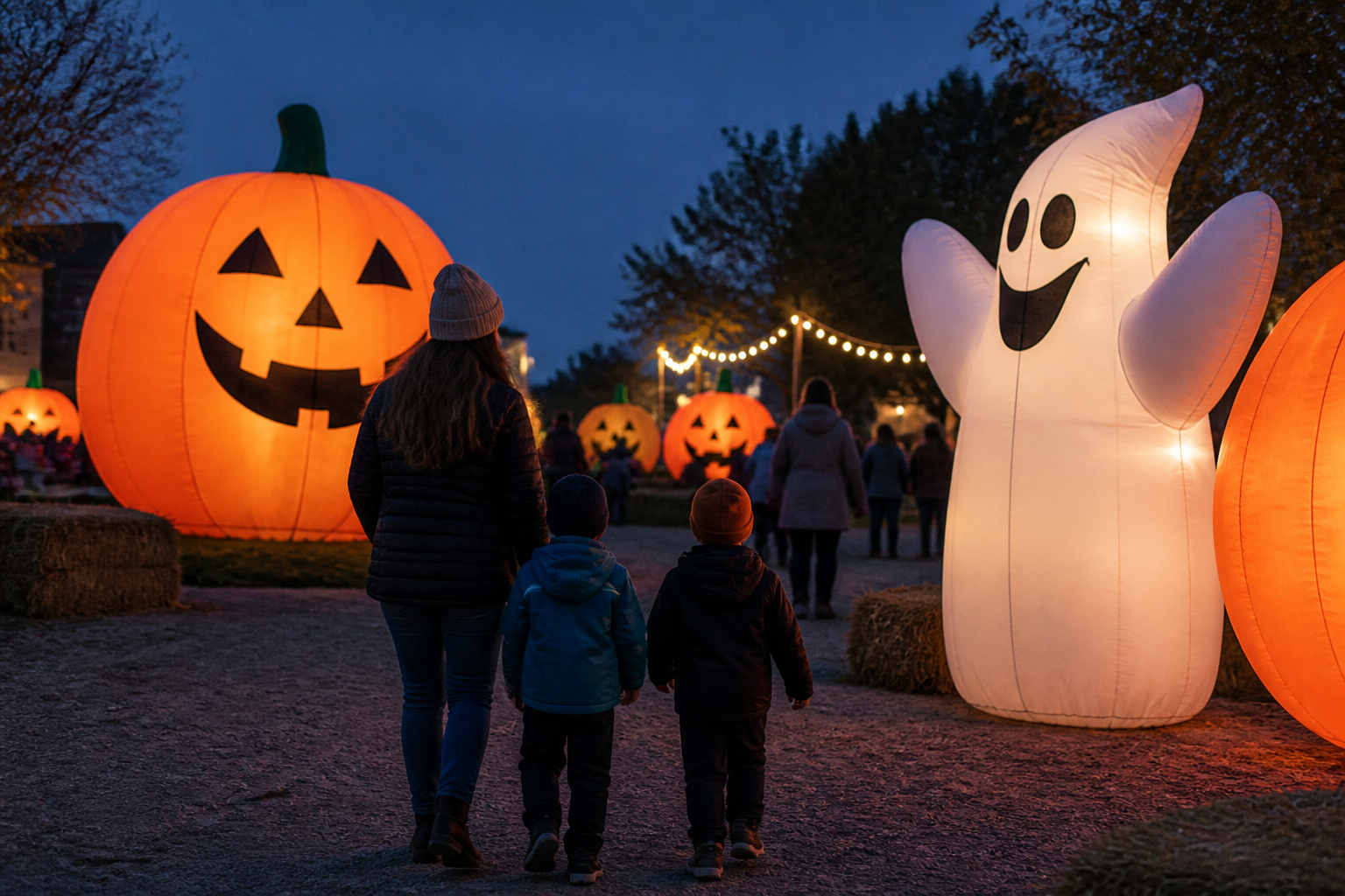Internally lit inflatable jack-o'-lantern pumpkins and a ghost at an evening Halloween event