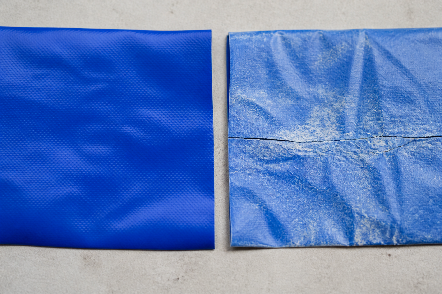 Side-by-side of a well-kept inflatable panel and a sun-faded, creased panel on a light background
