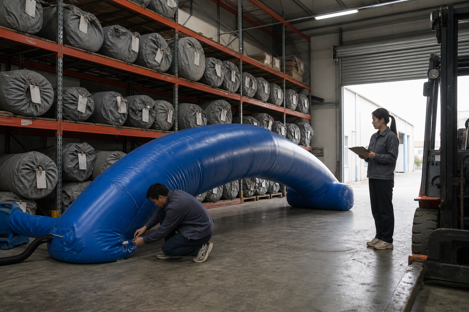Event hire company warehouse with several folded advertising inflatables on shelves and one arch being inspected by staff