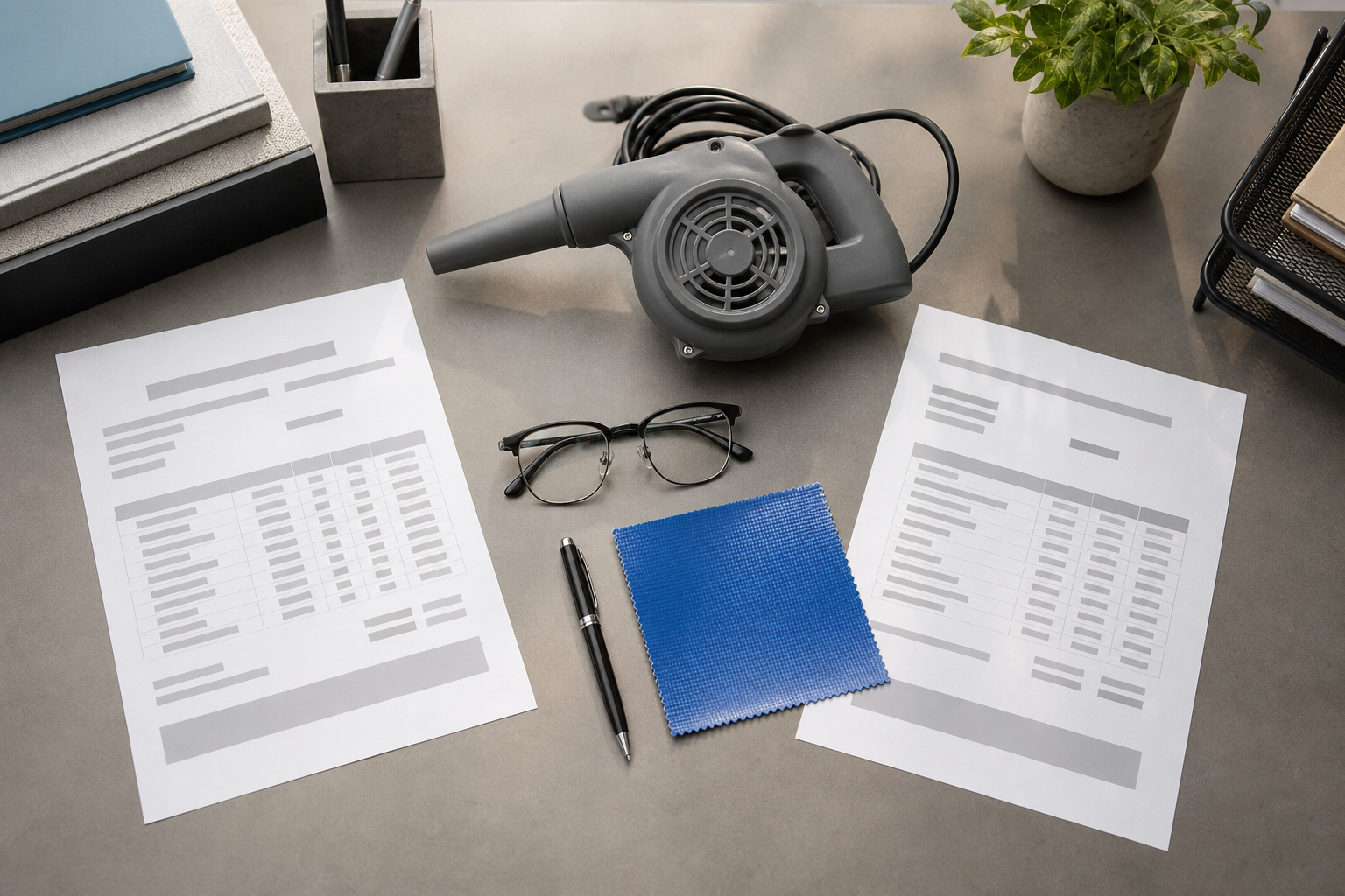 Two printed quotations laid side by side on a desk with reading glasses, a pen, a blue PVC swatch and a grey electric blower between them