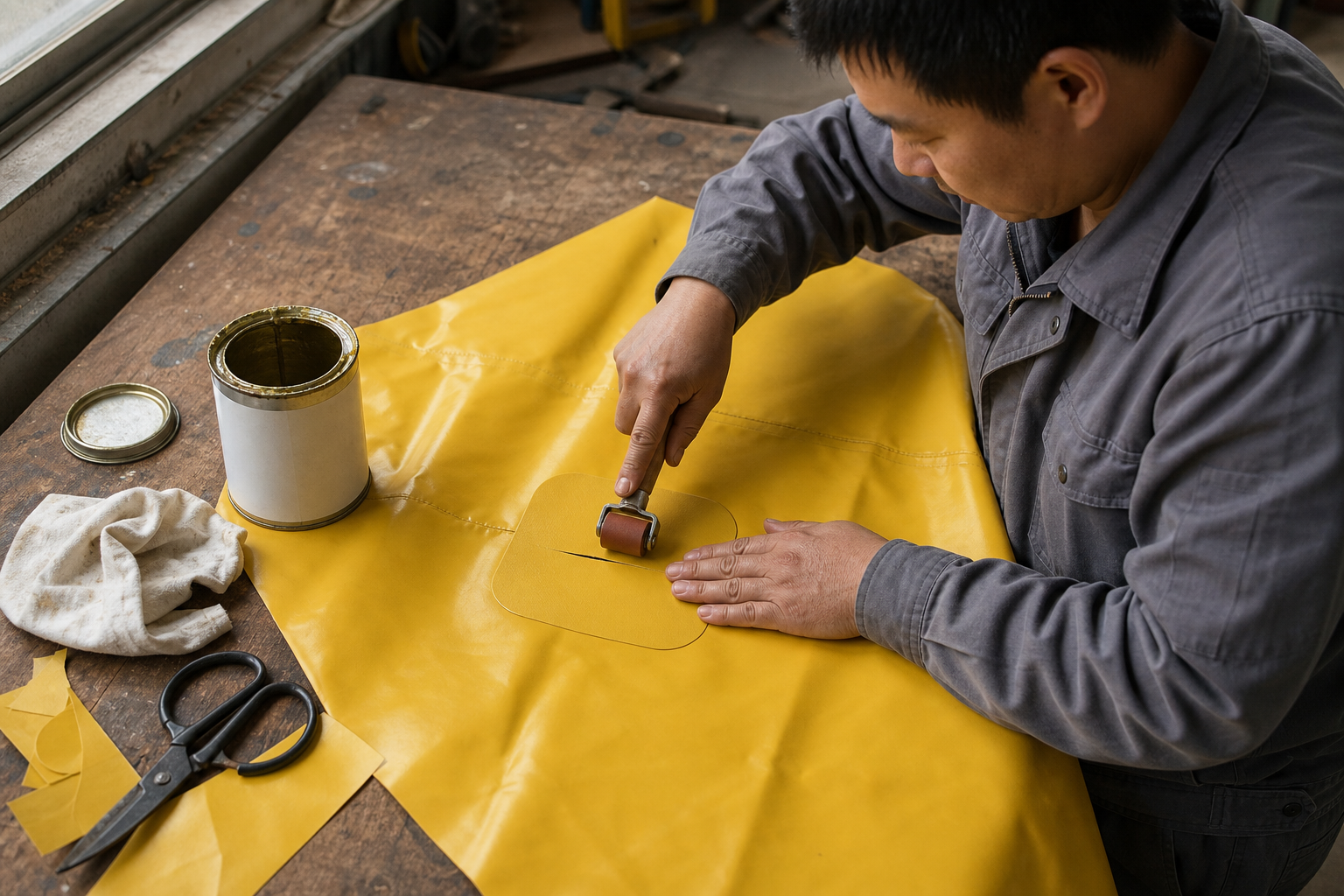 Person pressing a rounded PVC patch onto a small tear in a flat inflatable panel on a workbench