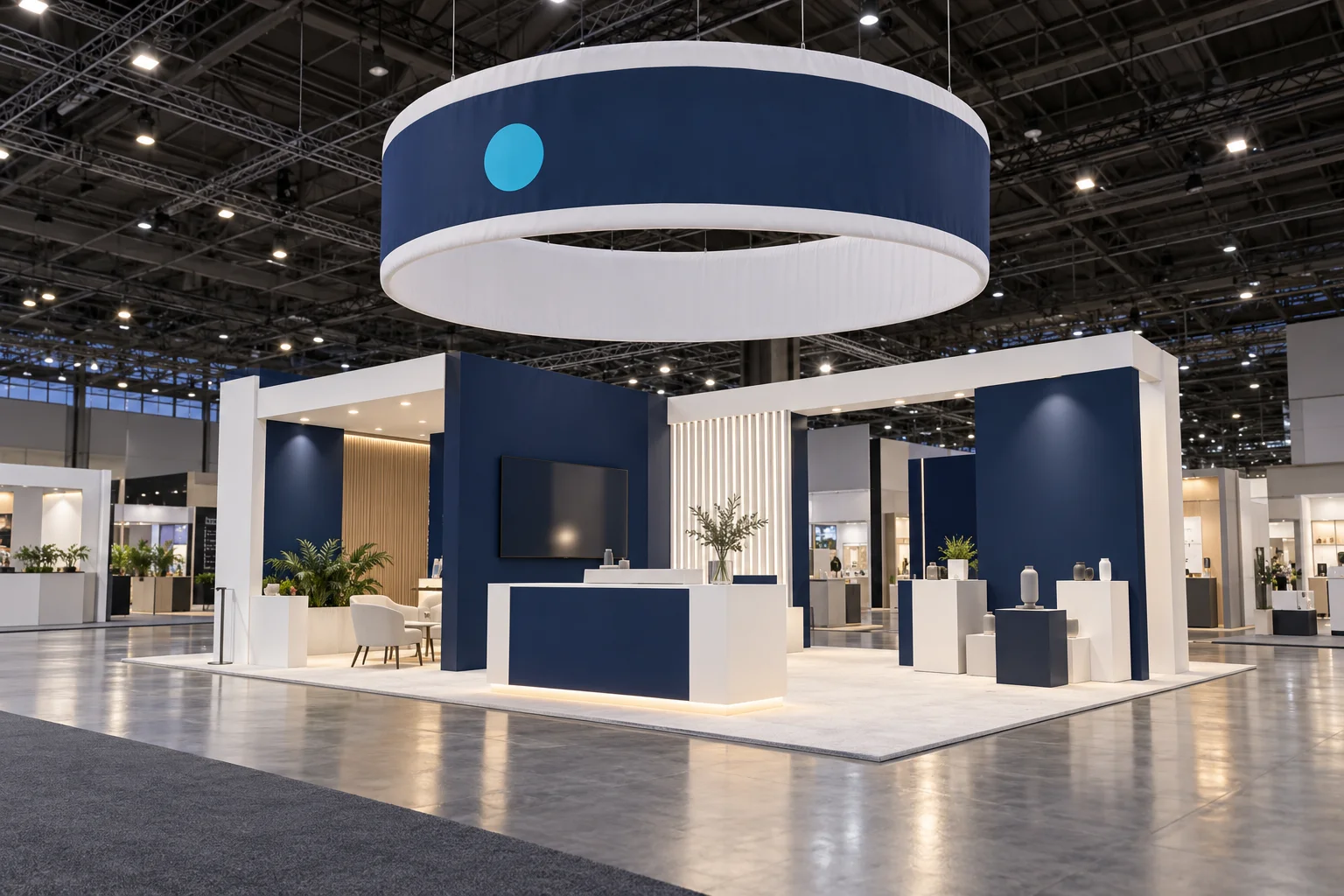 Navy and white circular hanging-sign concept above an unbranded exhibition booth.