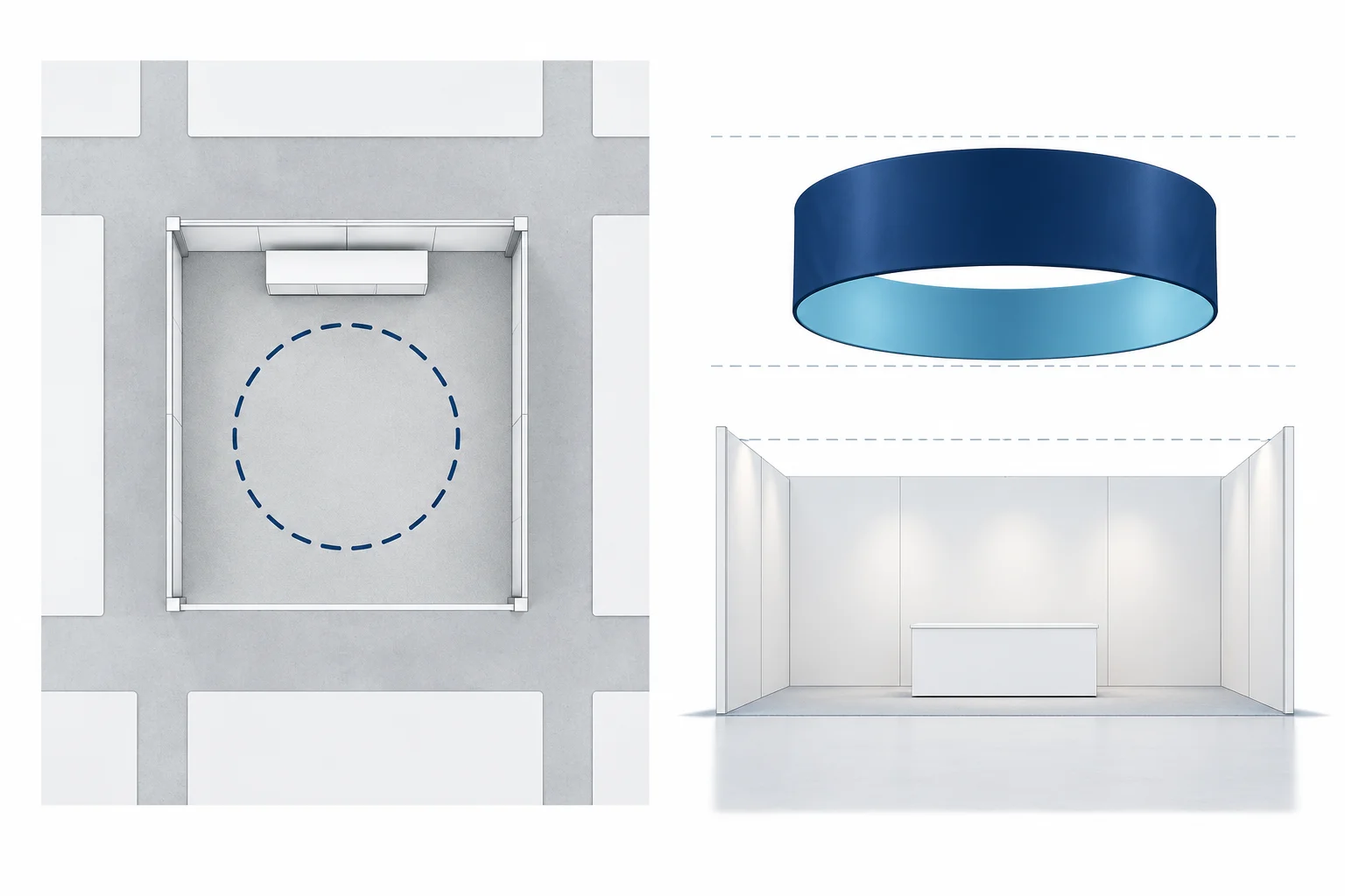 Overhead booth plan and front-view concept showing a centered circular sign and open surrounding aisles.