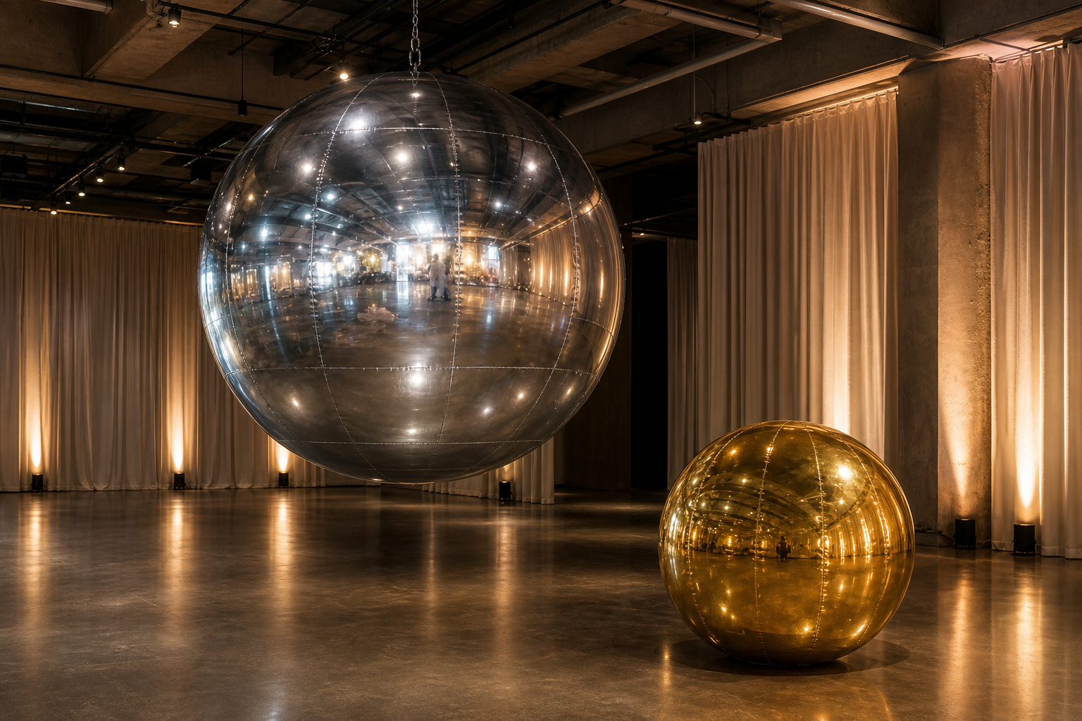 Large silver chrome inflatable mirror ball suspended above a polished event floor with a smaller gold reflective ball standing beside it