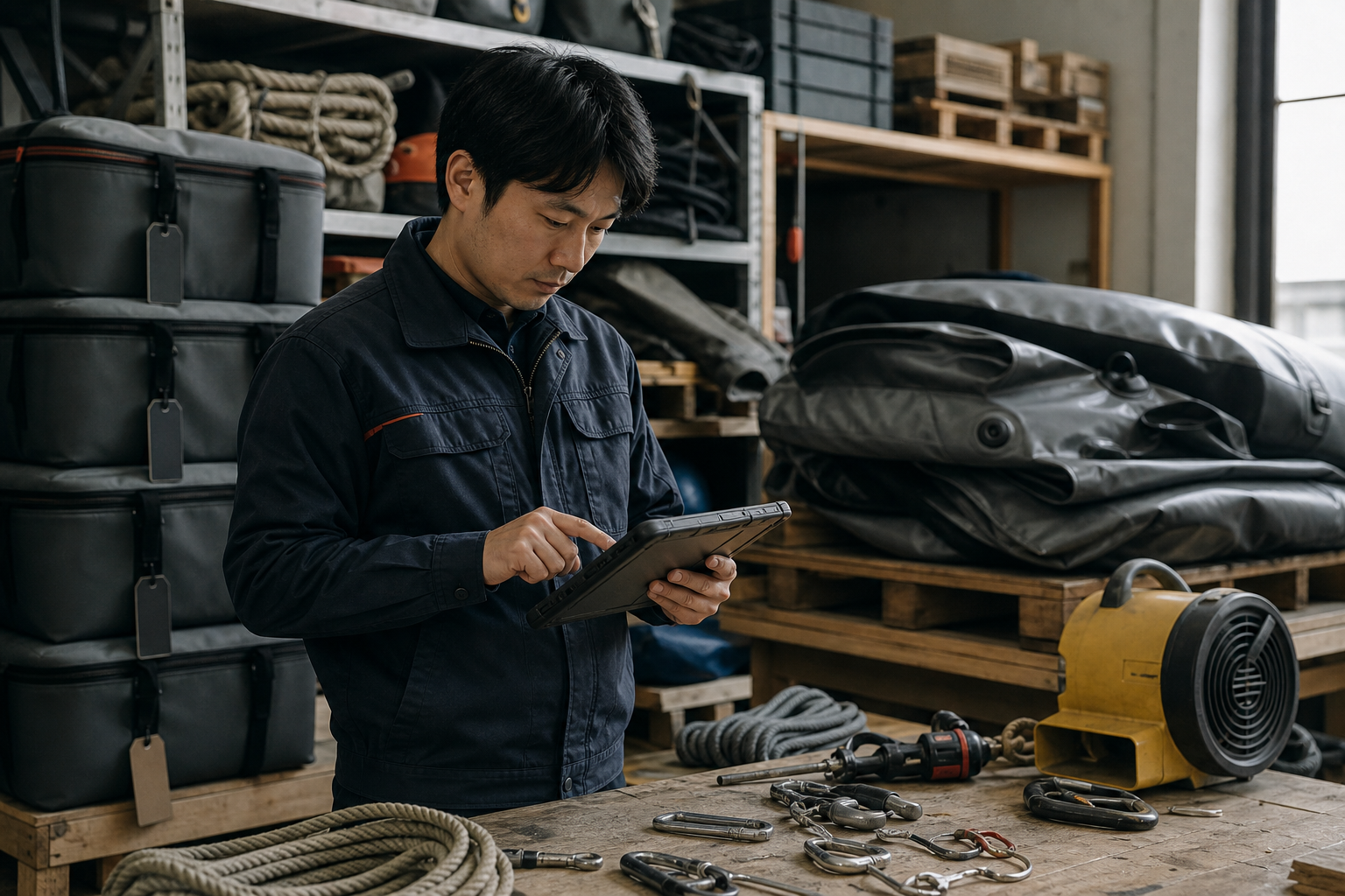 Technician logging a labelled inflatable unit on a tablet beside stacked storage bags in an equipment store