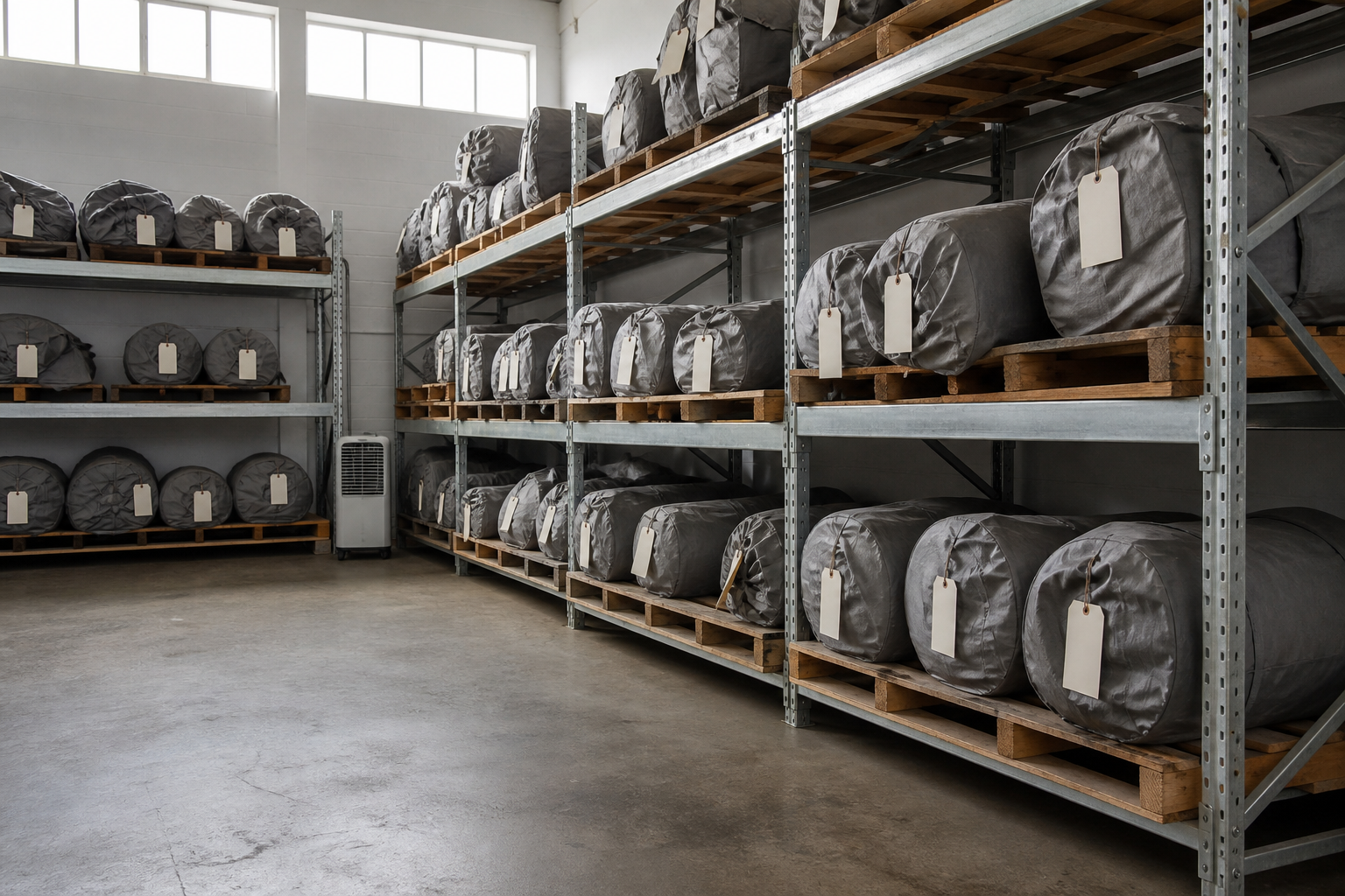 Dry inflatables rolled in breathable bags on raised shelving in a clean, well-lit storage room