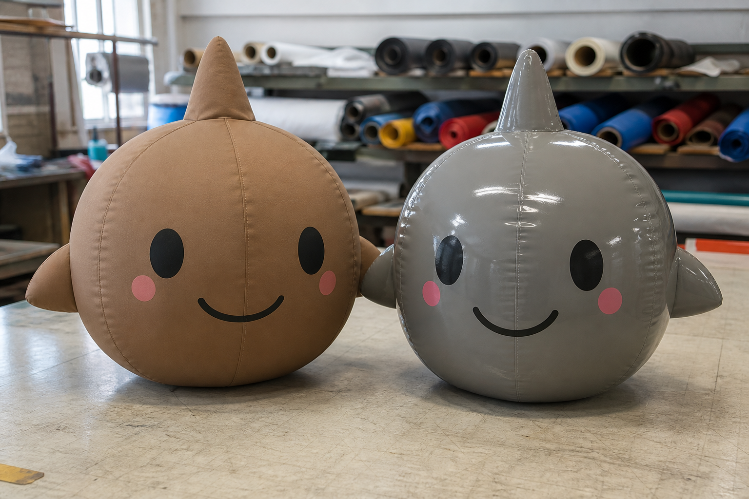 Two small inflatable character heads, one in matte coated fabric and one in glossy PVC, side by side
