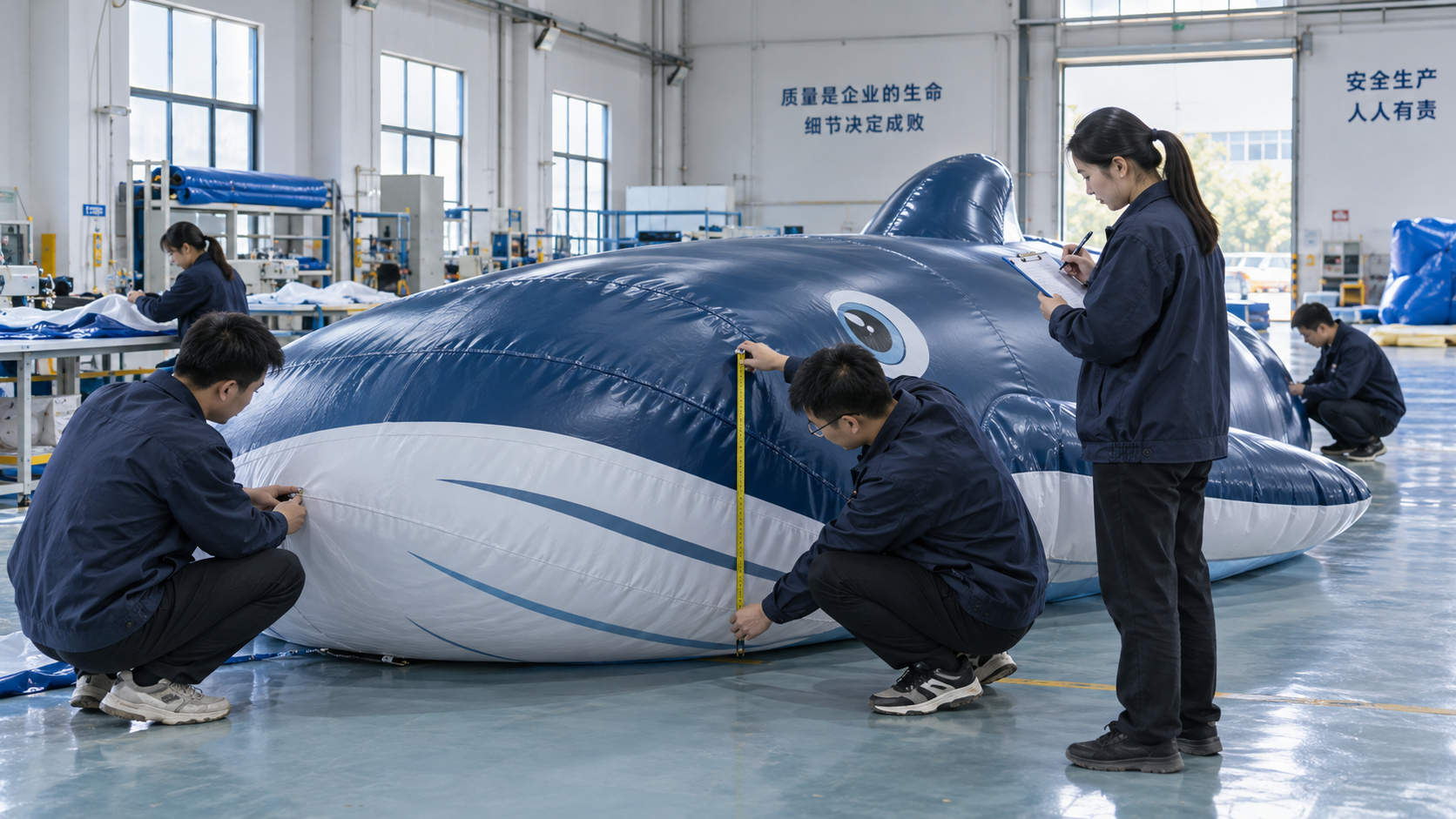 Conceptual illustration of Chinese production staff visually inspecting a large custom blue inflatable structure
