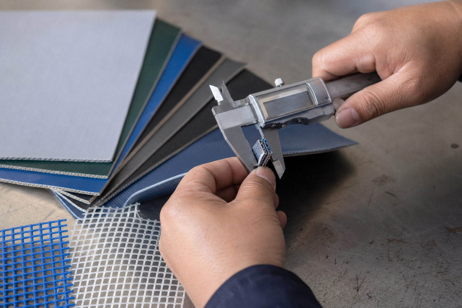 Stack of PVC tarpaulin and PVC mesh swatches of different thicknesses on a workshop table with a caliper