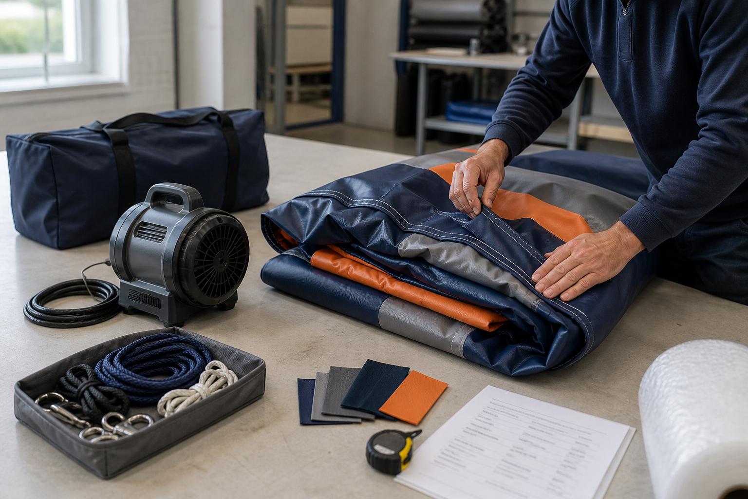 Professional inspection and storage planning for a reusable custom advertising inflatable with blower, carry bag and repair materials